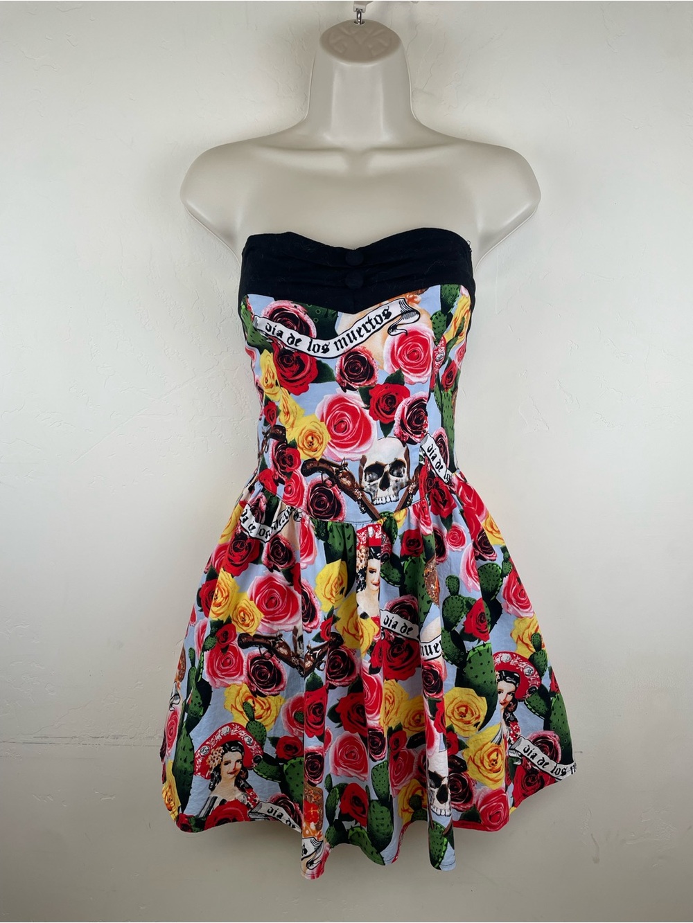Hell Bunny Strapless Floral Day of the Dead Fit & Flare Dress - Black Trim